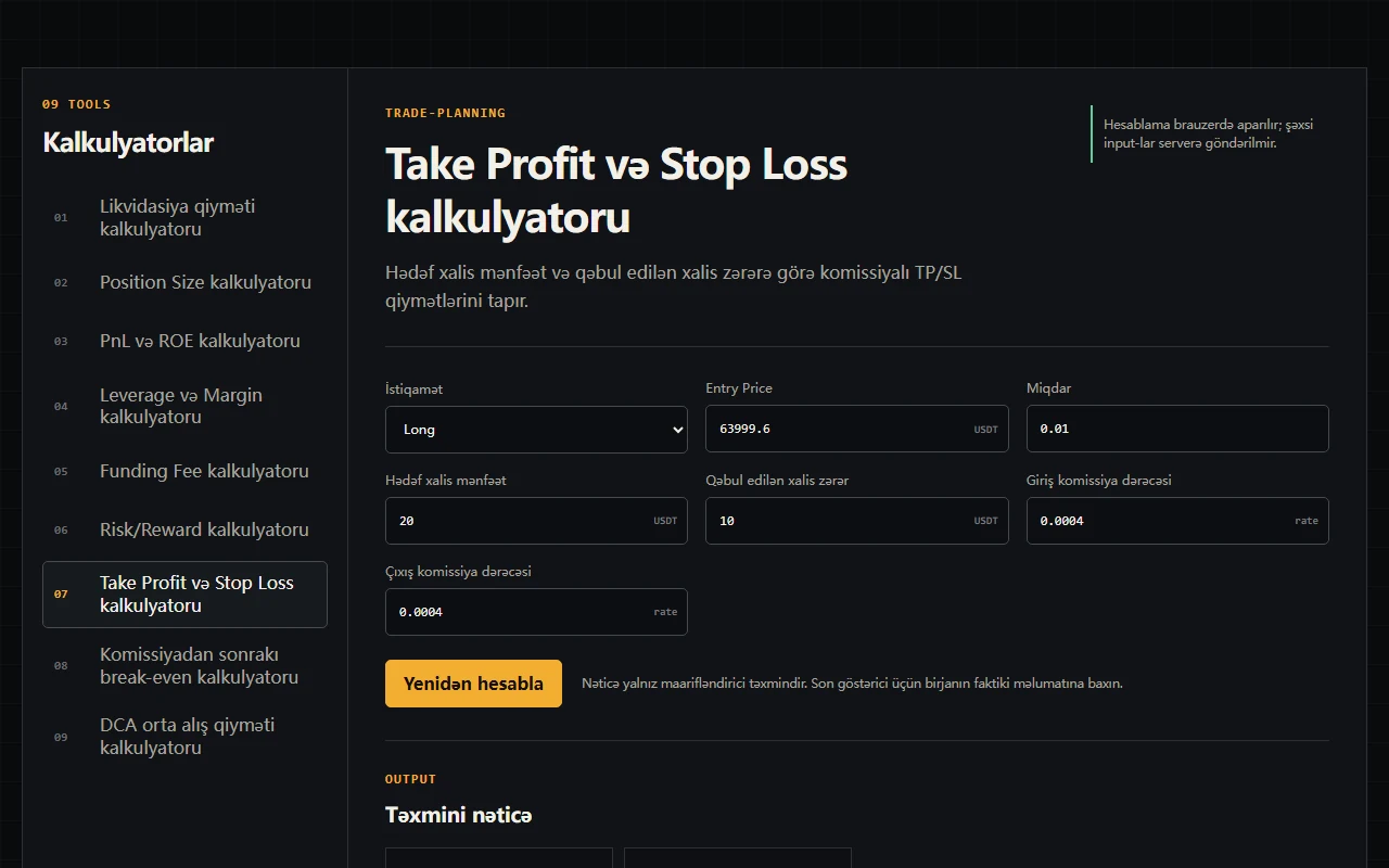 Take Profit və Stop Loss qiymətini məbləğdən tapın