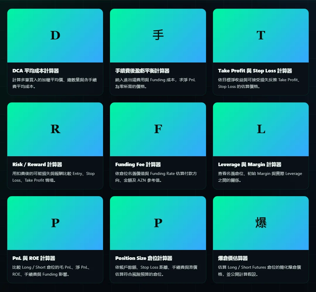 KriptoHesabla 交易計算器列表頁，顯示 DCA、手續費盈虧平衡、Take Profit／Stop Loss、Risk／Reward、Funding Fee、Leverage 與 Margin、PnL 與 ROE、Position Size、爆倉價共九個計算器卡片