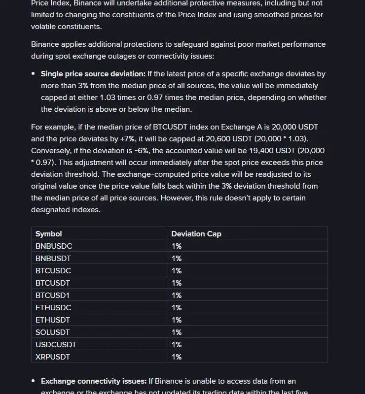 Binance-in rəsmi səhifəsində tək qiymət mənbəyi üçün 3% kənarlaşma qaydası və BTCUSDT, ETHUSDT kimi kontraktlar üçün 1% həddini göstərən cədvəl