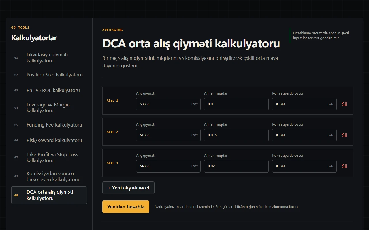 DCA kalkulyatorunda üç BTC alışının qiymət, miqdar və fee sətirləri