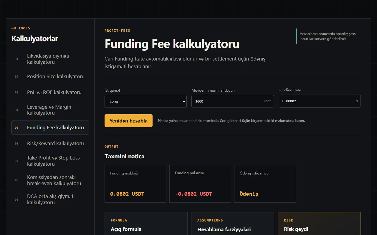 Funding Fee kalkulyatorunda canlı Funding Rate, mövqe nominalı və ödəniş istiqaməti