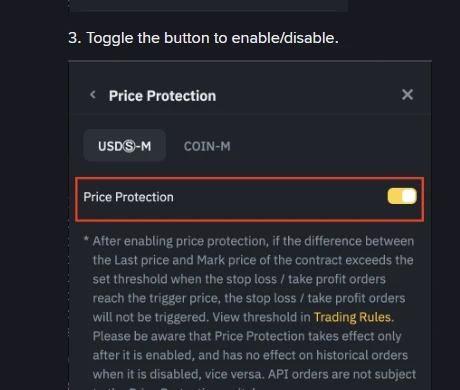 Binance fyuçers ayarlarındakı Price Protection paneli, açar yandırılıb, altındakı rəsmi qeyd Last və Mark qiymətləri arasındakı fərq həddi keçəndə stop-loss və take-profit sifarişlərinin işə düşmədiyini bildirir