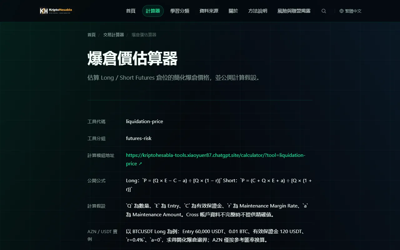 KriptoHesabla 爆倉價估算器頁面,顯示 Long 與 Short 的公開公式、Q/E/C/r/a 各參數的計算假設